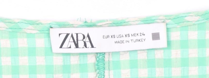 Zara Women Green Check Sheath Midi Dress XS Puff Sleeve Cut Out