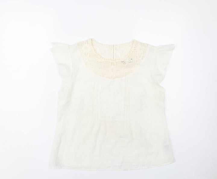 Marks and Spencer Women White Size 14 Lace Neck Cap Sleeve Blouse