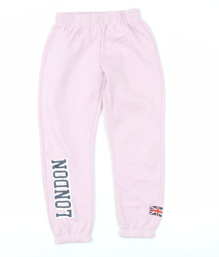 Zara Girls Pink Sweatpants 11-12 Years London Print Fleece Elastic Waist