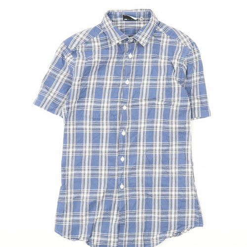 ASOS DESIGN Men's Blue Check Woven Short Sleeve 2XS Button-Up Shirt