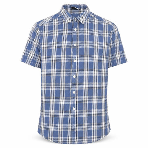 ASOS DESIGN Men's Blue Check Woven Short Sleeve 2XS Button-Up Shirt