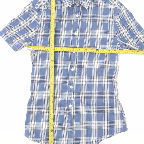 ASOS DESIGN Men's Blue Check Woven Short Sleeve 2XS Button-Up Shirt
