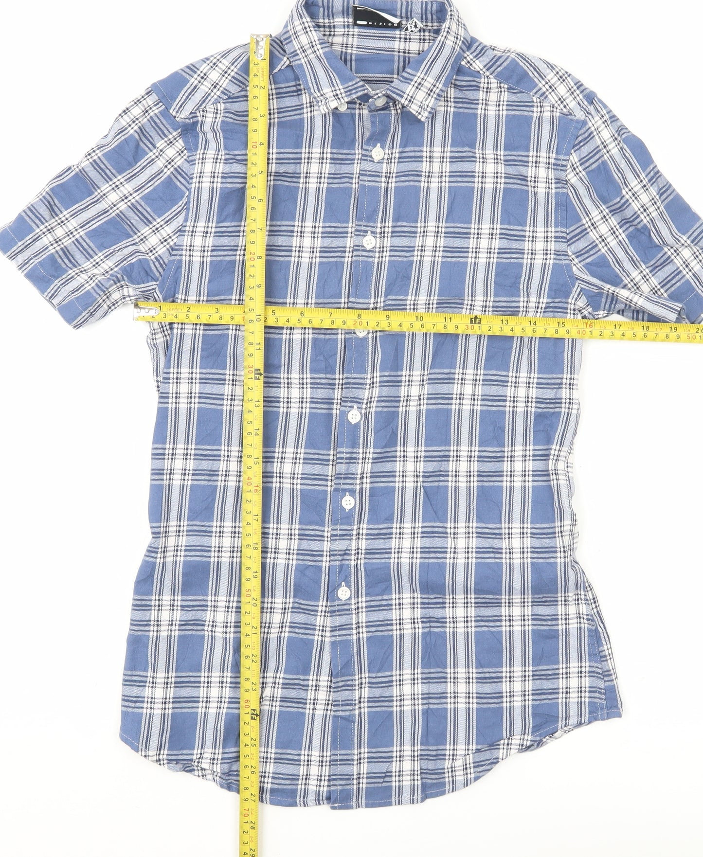 ASOS DESIGN Men's Blue Check Woven Short Sleeve 2XS Button-Up Shirt