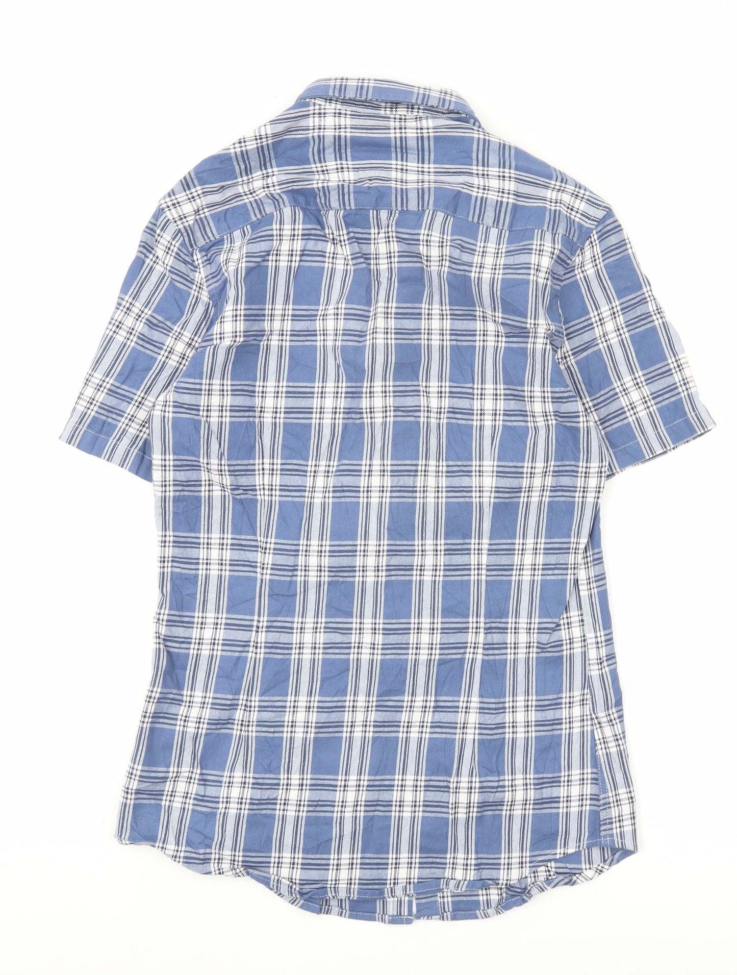 ASOS DESIGN Men's Blue Check Woven Short Sleeve 2XS Button-Up Shirt