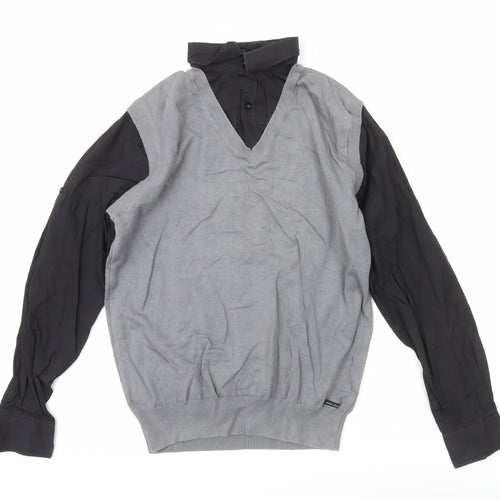Guide London Mens Grey Black Large Cotton V-Neck Knit Button-Up Shirt