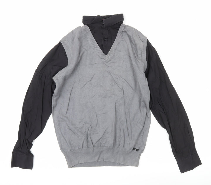 Guide London Mens Grey Black Large Cotton V-Neck Knit Button-Up Shirt