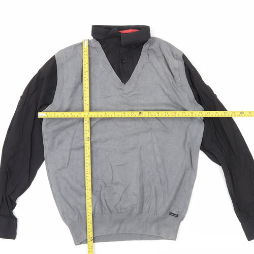 Guide London Mens Grey Black Large Cotton V-Neck Knit Button-Up Shirt