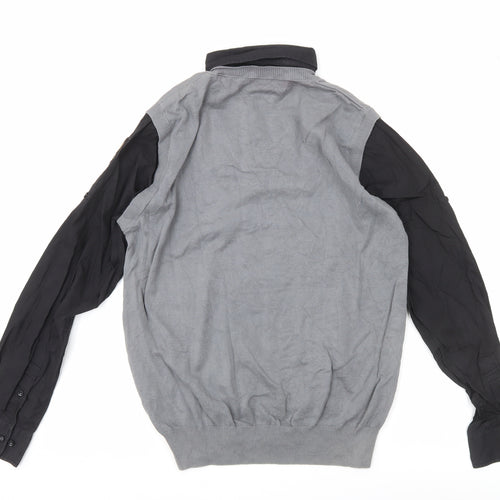 Guide London Mens Grey Black Large Cotton V-Neck Knit Button-Up Shirt