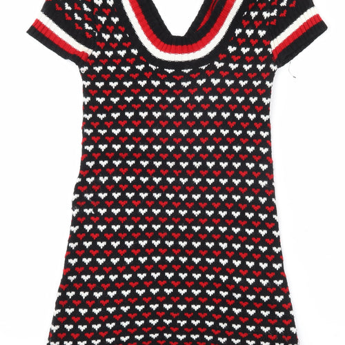 Fine Threads London Women's Black Heart Knit V-Neck Tunic Jumper Size 8