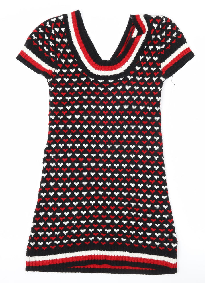 Fine Threads London Women's Black Heart Knit V-Neck Tunic Jumper Size 8