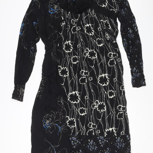 Zara Women Black Floral Midi Wrap Dress S Long Sleeve Autumn Winter