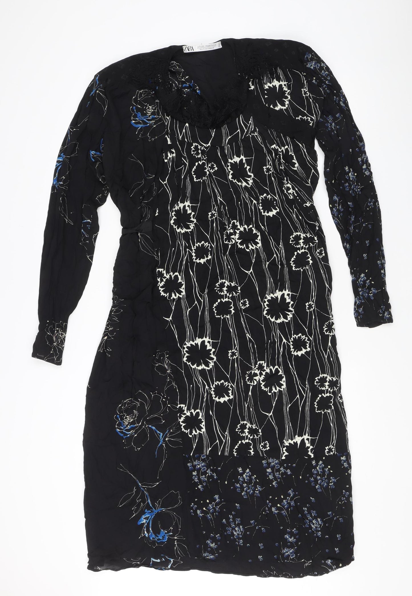 Zara Women Black Floral Midi Wrap Dress S Long Sleeve Autumn Winter
