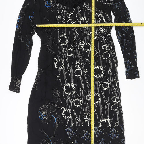 Zara Women Black Floral Midi Wrap Dress S Long Sleeve Autumn Winter