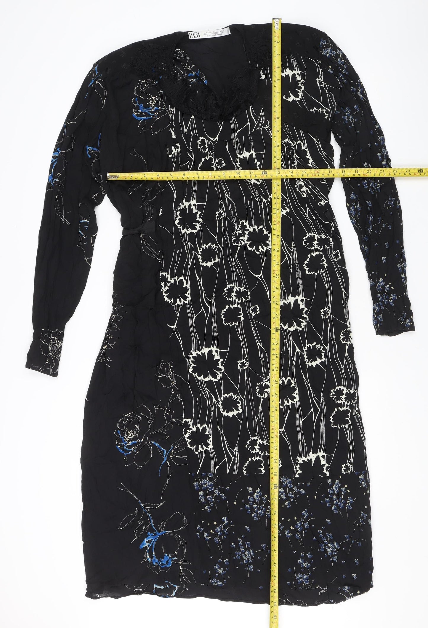 Zara Women Black Floral Midi Wrap Dress S Long Sleeve Autumn Winter