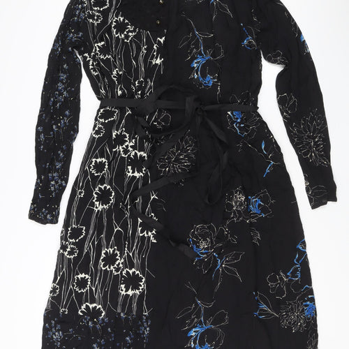 Zara Women Black Floral Midi Wrap Dress S Long Sleeve Autumn Winter