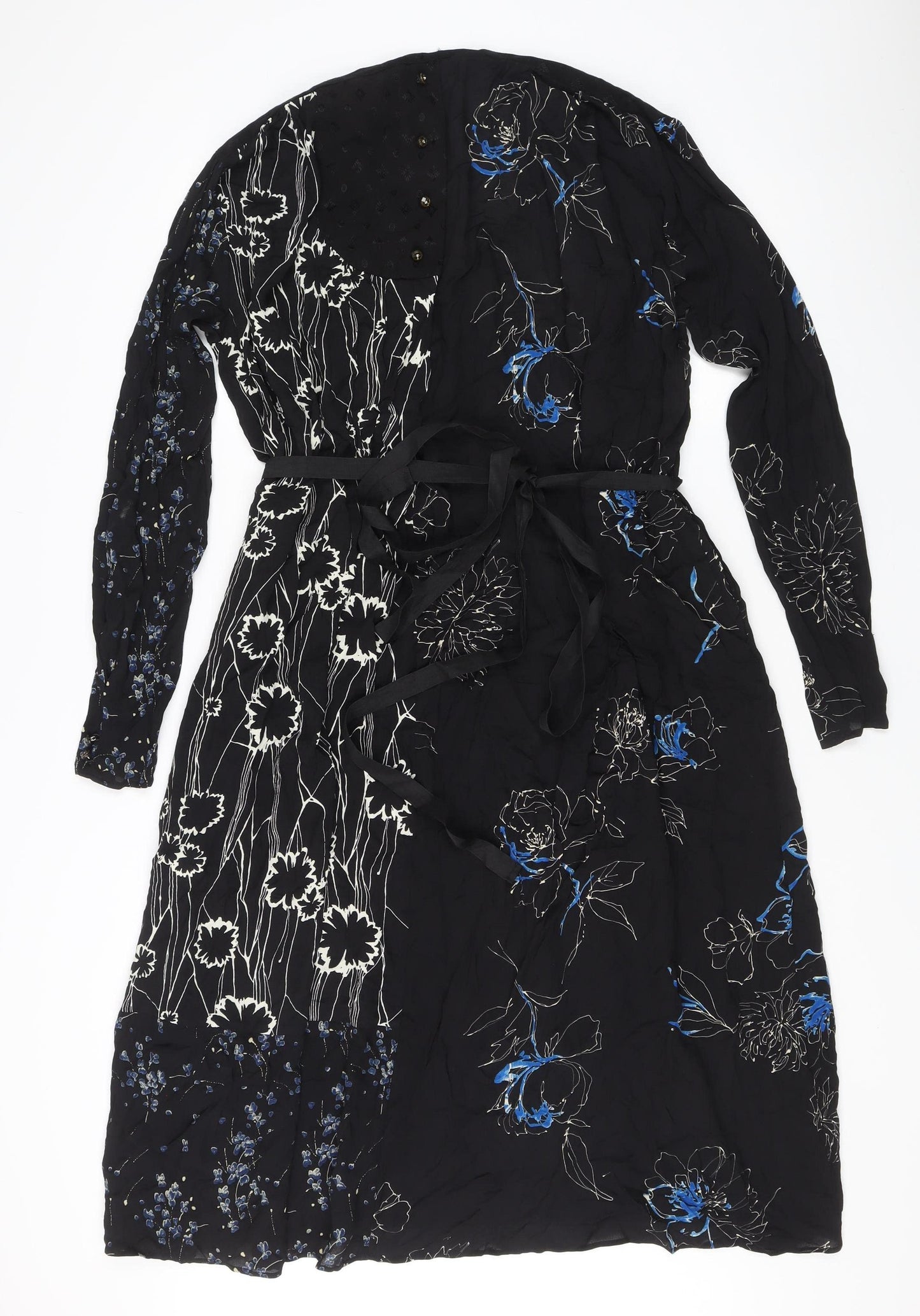 Zara Women Black Floral Midi Wrap Dress S Long Sleeve Autumn Winter