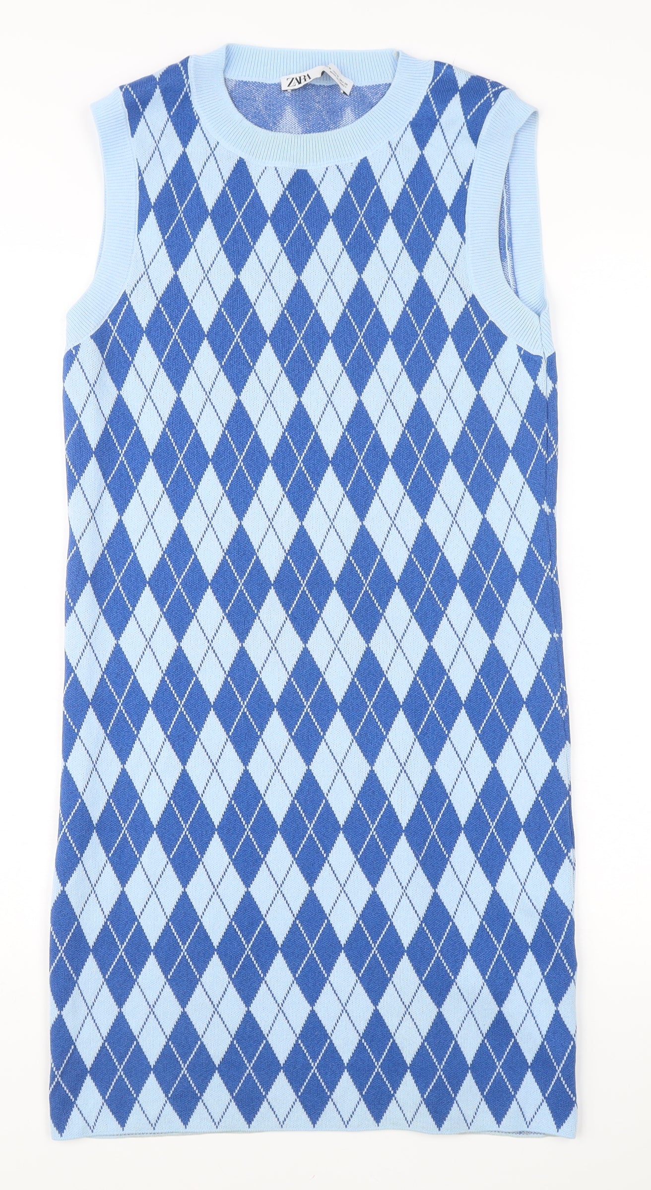 Zara Women’s Blue Argyle Sleeveless Knit Knee Length Dress M
