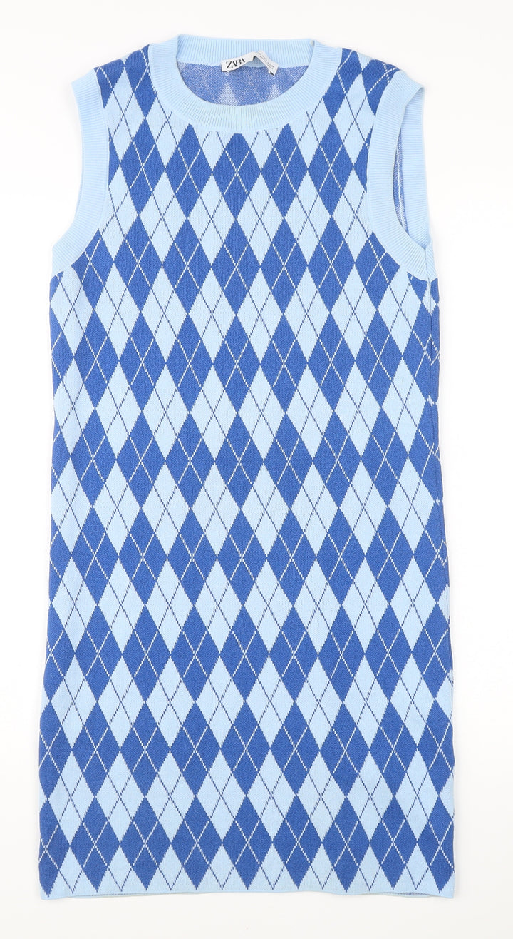 Zara Women’s Blue Argyle Sleeveless Knit Knee Length Dress M