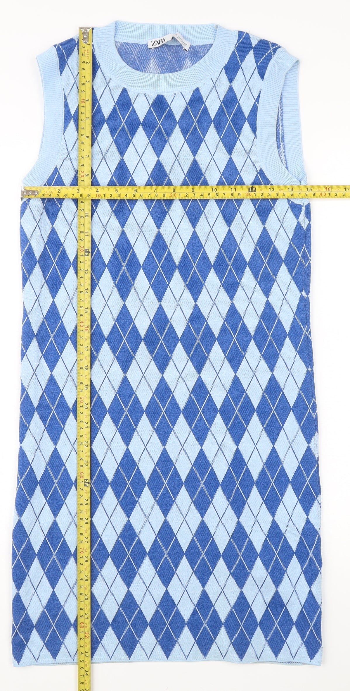 Zara Women’s Blue Argyle Sleeveless Knit Knee Length Dress M
