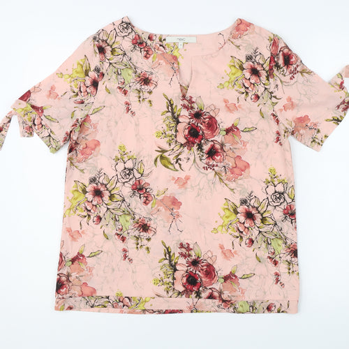 Next Women's Pink Floral Blouse Size 10 Short Sleeve V-Neck