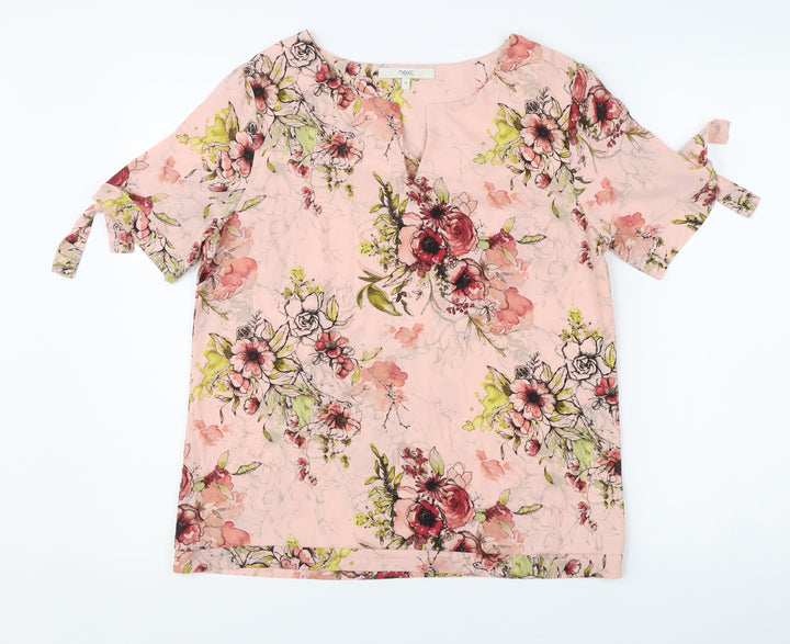 Next Women's Pink Floral Blouse Size 10 Short Sleeve V-Neck