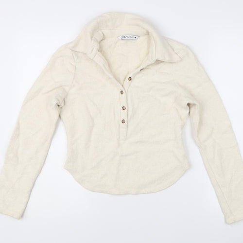 Zara Women Ivory Collared Henley Knit Jumper Size 12 Long Sleeve