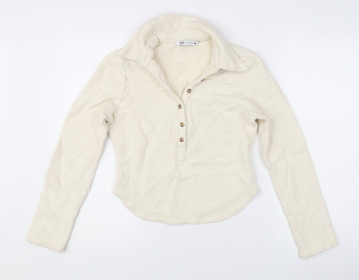 Zara Women Ivory Collared Henley Knit Jumper Size 12 Long Sleeve