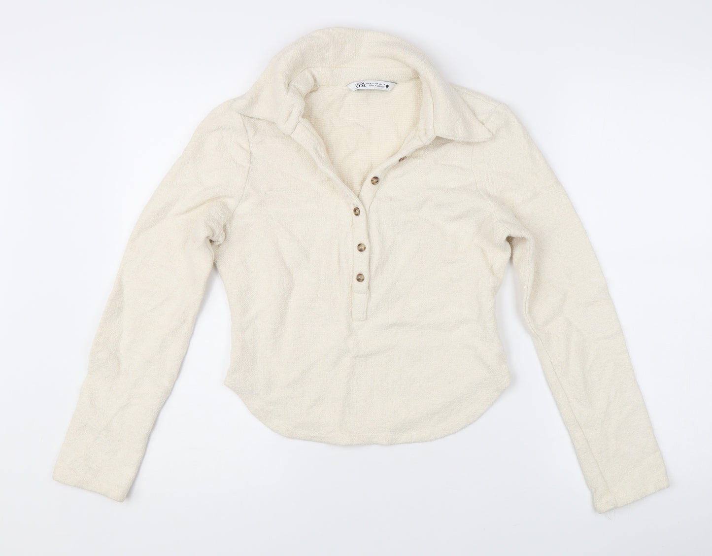 Zara Women Ivory Collared Henley Knit Jumper Size 12 Long Sleeve