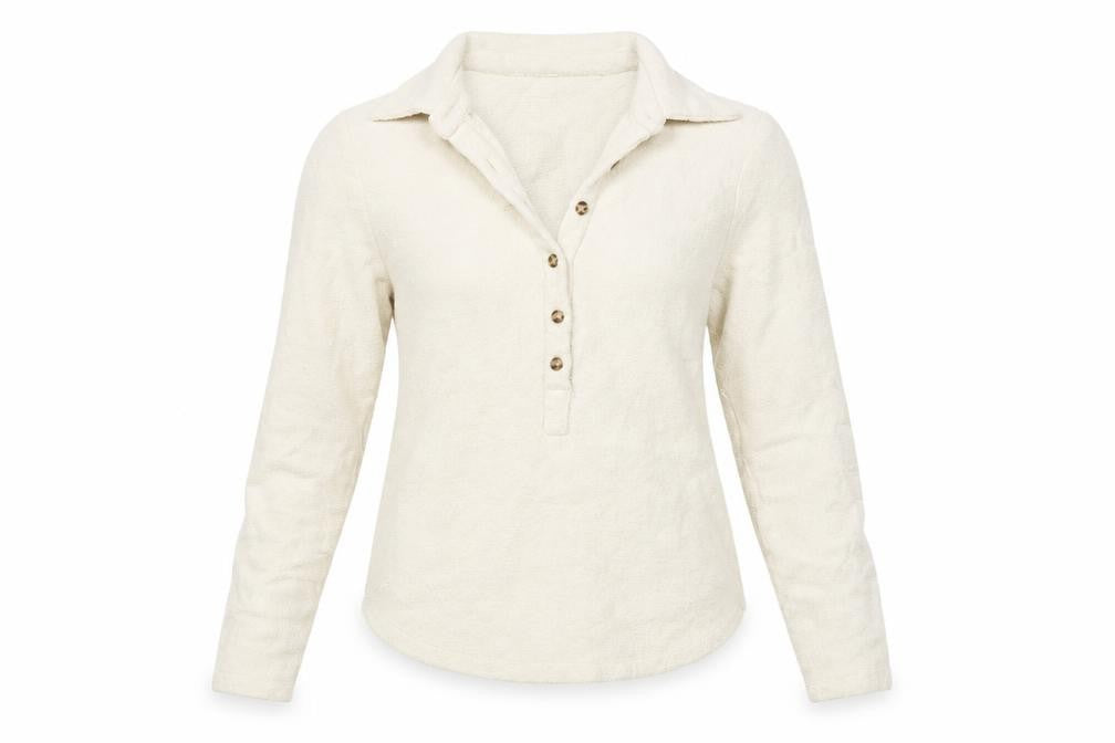 Zara Women Ivory Collared Henley Knit Jumper Size 12 Long Sleeve