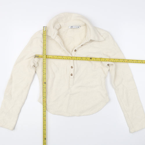 Zara Women Ivory Collared Henley Knit Jumper Size 12 Long Sleeve