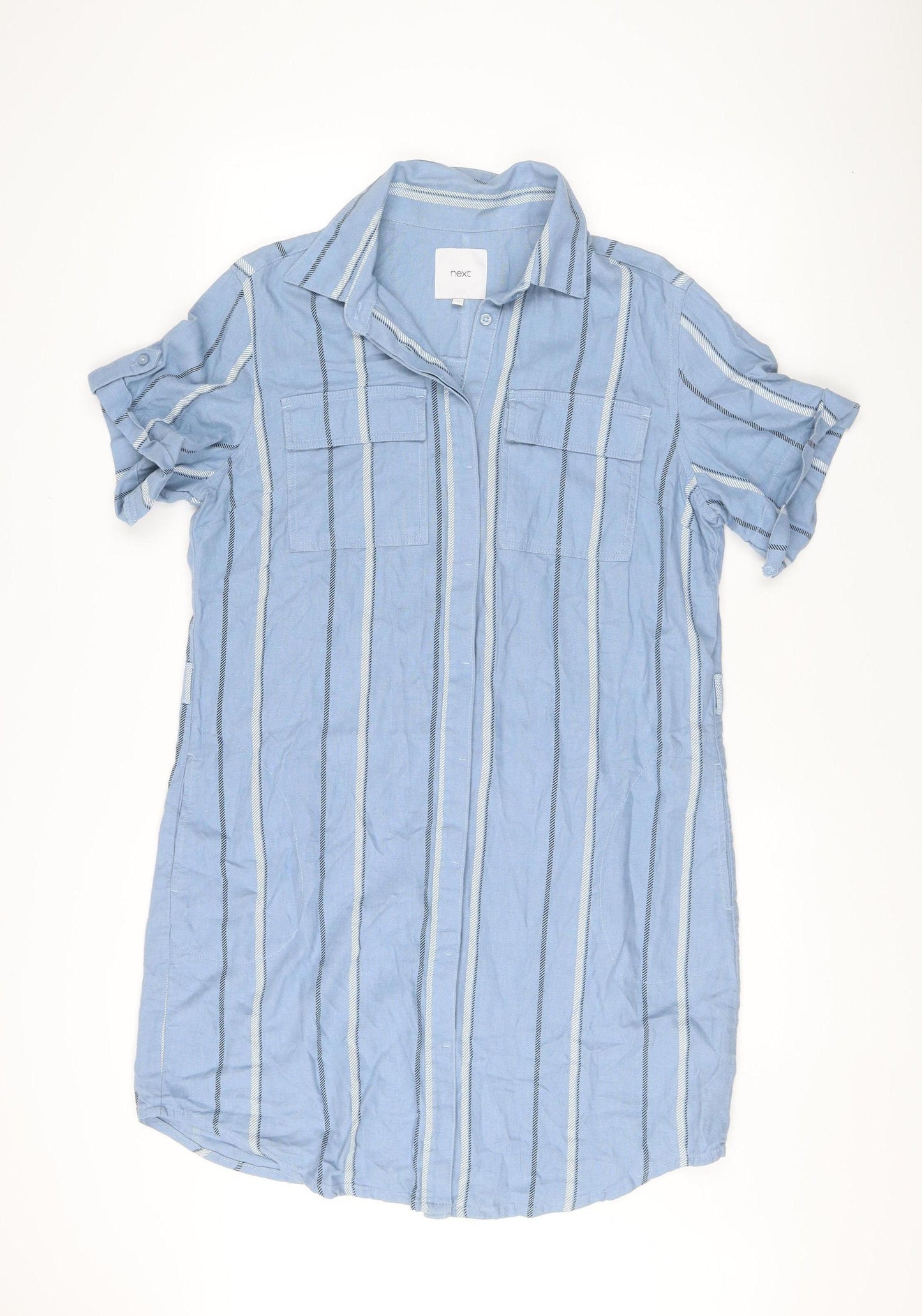 Next Women’s Blue Striped Linen Shirt Dress UK 14 Knee Length