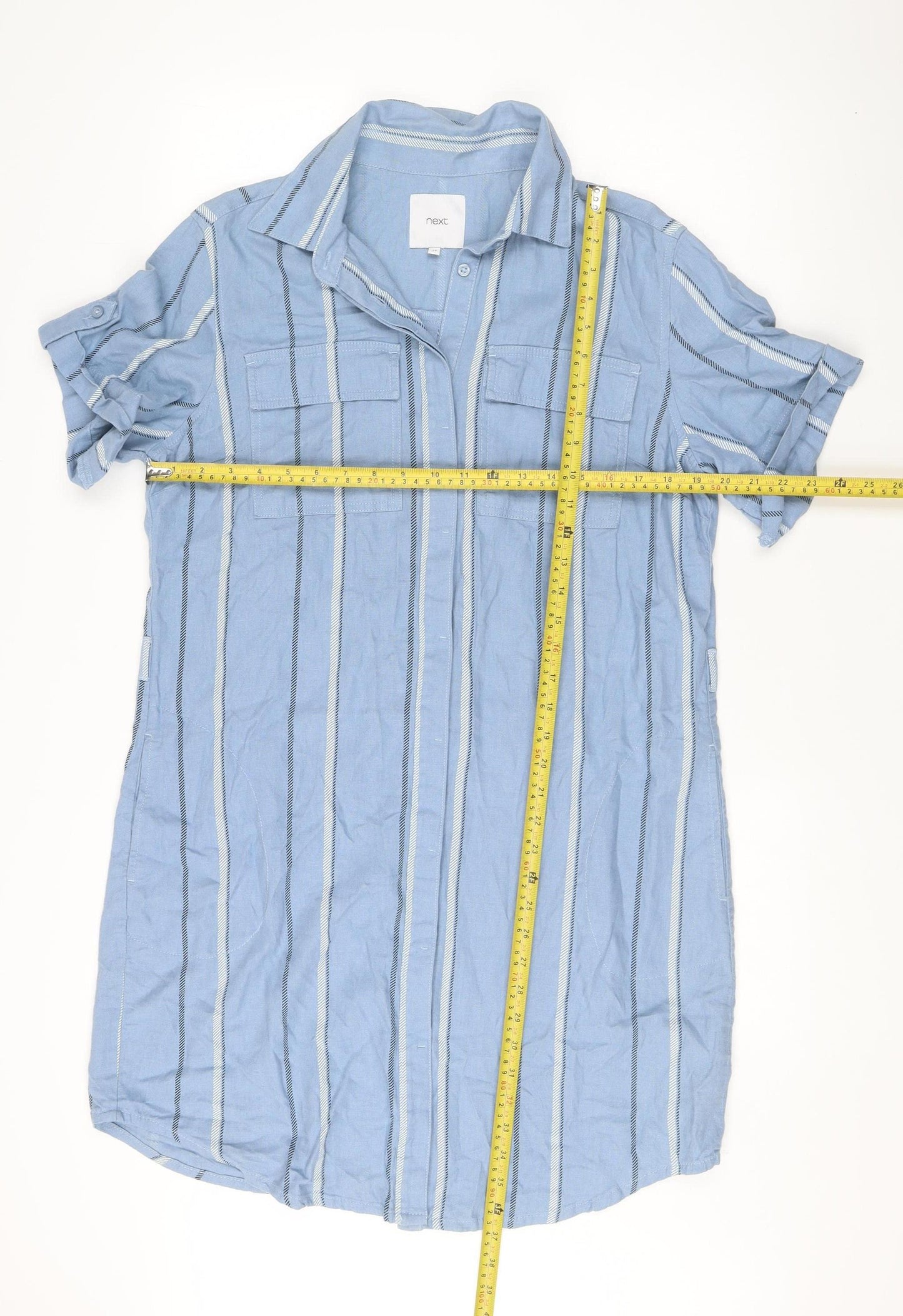 Next Women’s Blue Striped Linen Shirt Dress UK 14 Knee Length