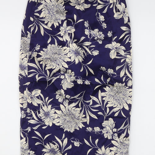 Zara Woman Women's Blue Floral Midi Pencil Skirt XS Satin High Rise