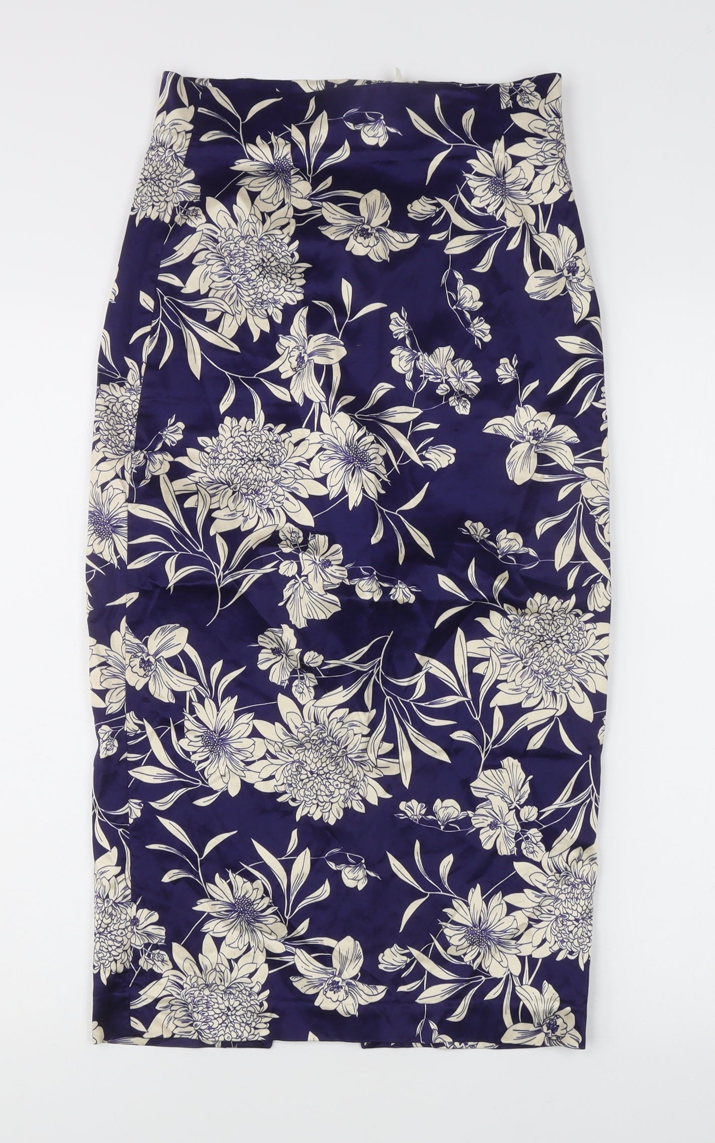 Zara Woman Women's Blue Floral Midi Pencil Skirt XS Satin High Rise
