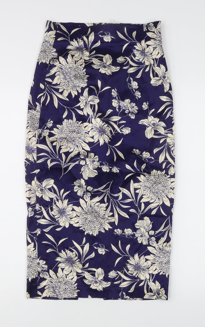 Zara Woman Women's Blue Floral Midi Pencil Skirt XS Satin High Rise