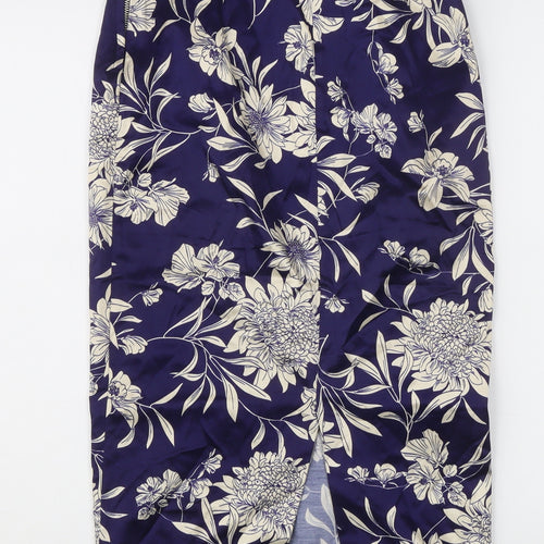 Zara Woman Women's Blue Floral Midi Pencil Skirt XS Satin High Rise
