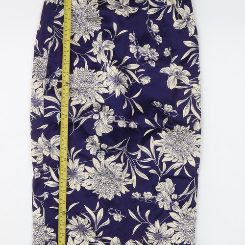Zara Woman Women's Blue Floral Midi Pencil Skirt XS Satin High Rise