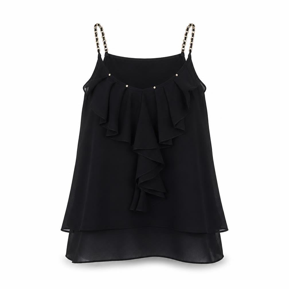 Front view of Quiz women’s black chiffon ruffle camisole top s party