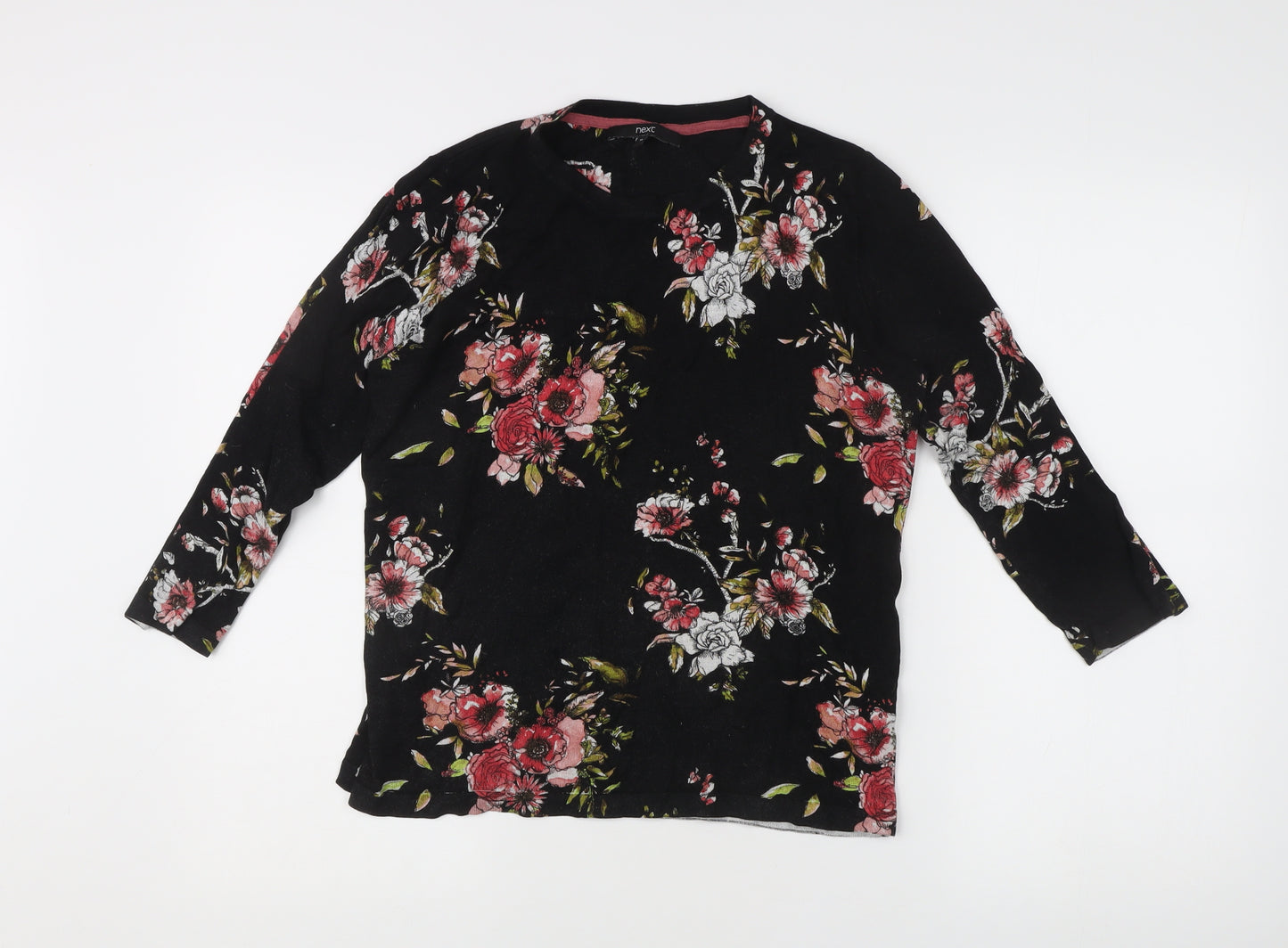 Next Women’s Black Floral Pullover Jumper Size 14 Crew Neck 3/4 Sleeve