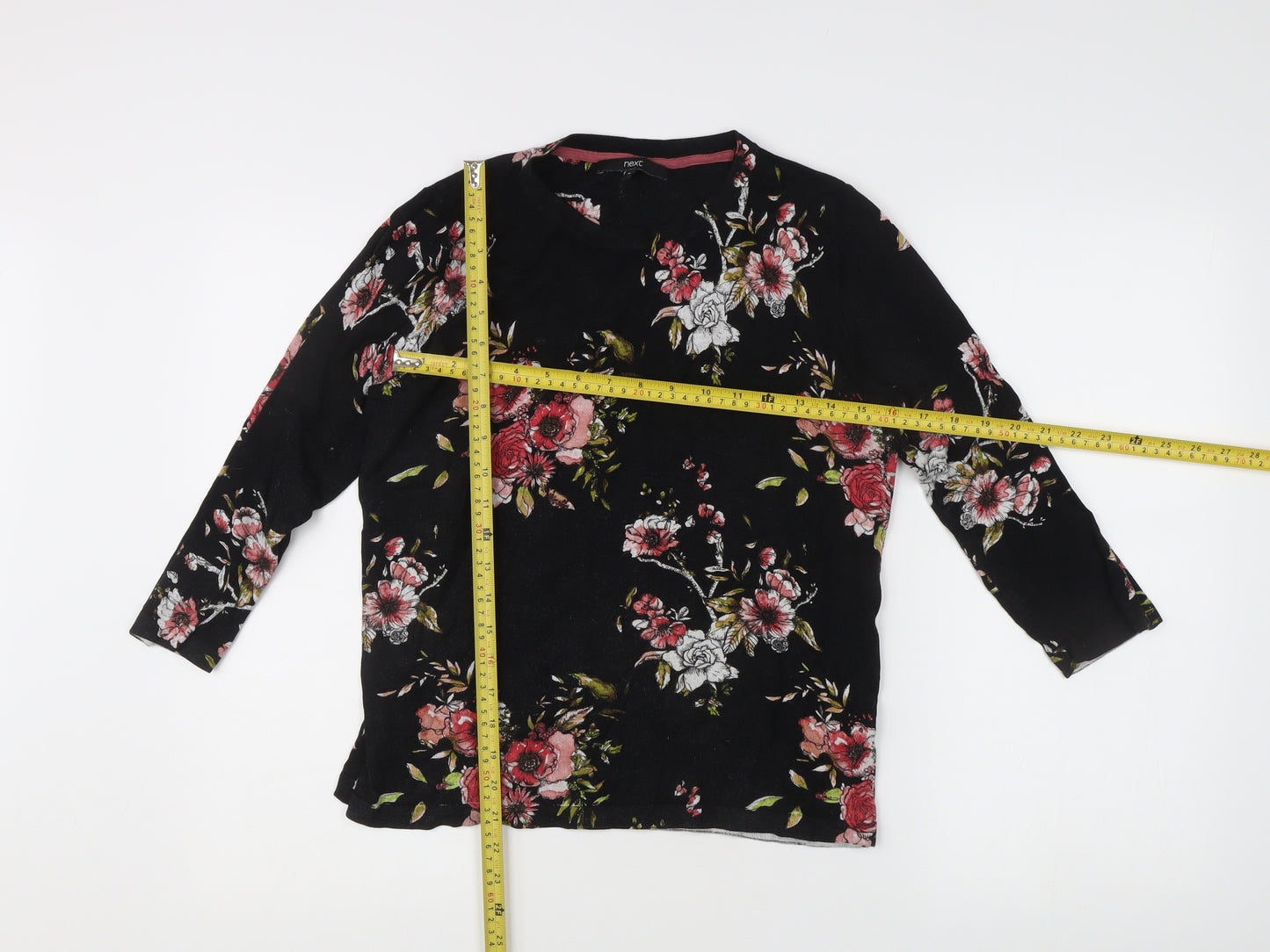 Next Women’s Black Floral Pullover Jumper Size 14 Crew Neck 3/4 Sleeve