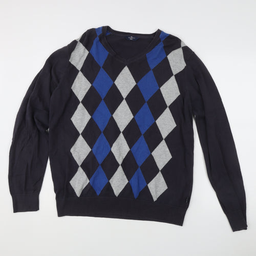 Marks & Spencer Men’s Blue Argyle V-Neck Cotton Golf Jumper M