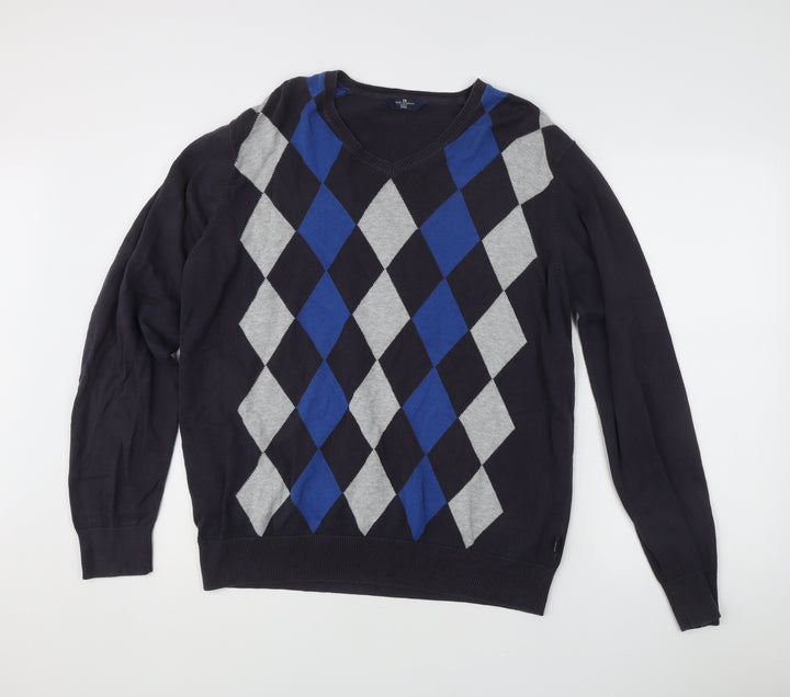 Marks & Spencer Men’s Blue Argyle V-Neck Cotton Golf Jumper M