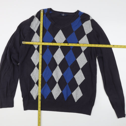 Marks & Spencer Men’s Blue Argyle V-Neck Cotton Golf Jumper M
