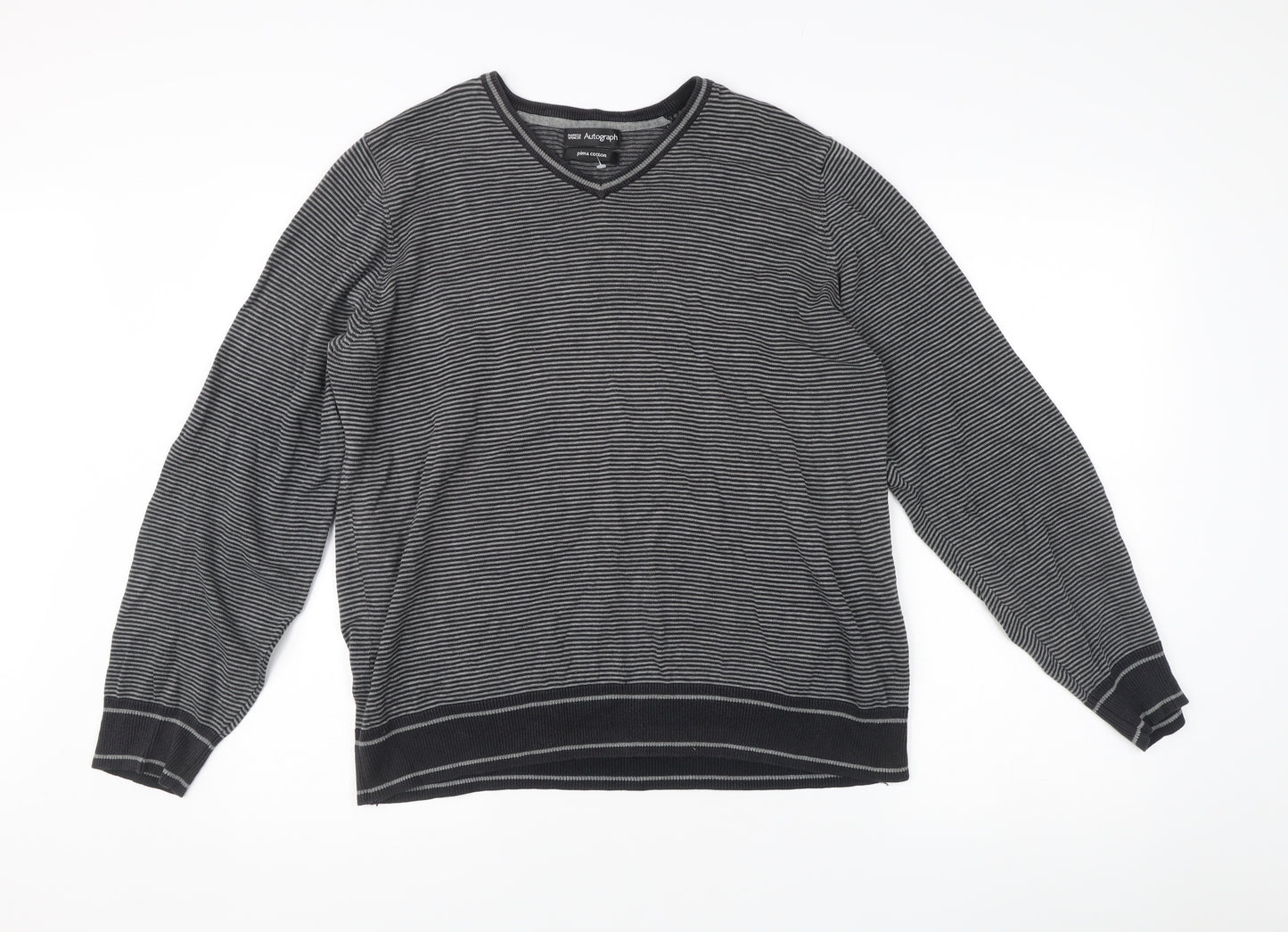 Marks & Spencer Men’s Black Striped V-Neck Cotton Jumper M