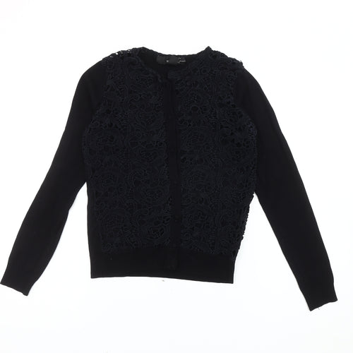 Mango Women's Black Cotton Blend Lace Front Cardigan Size 12