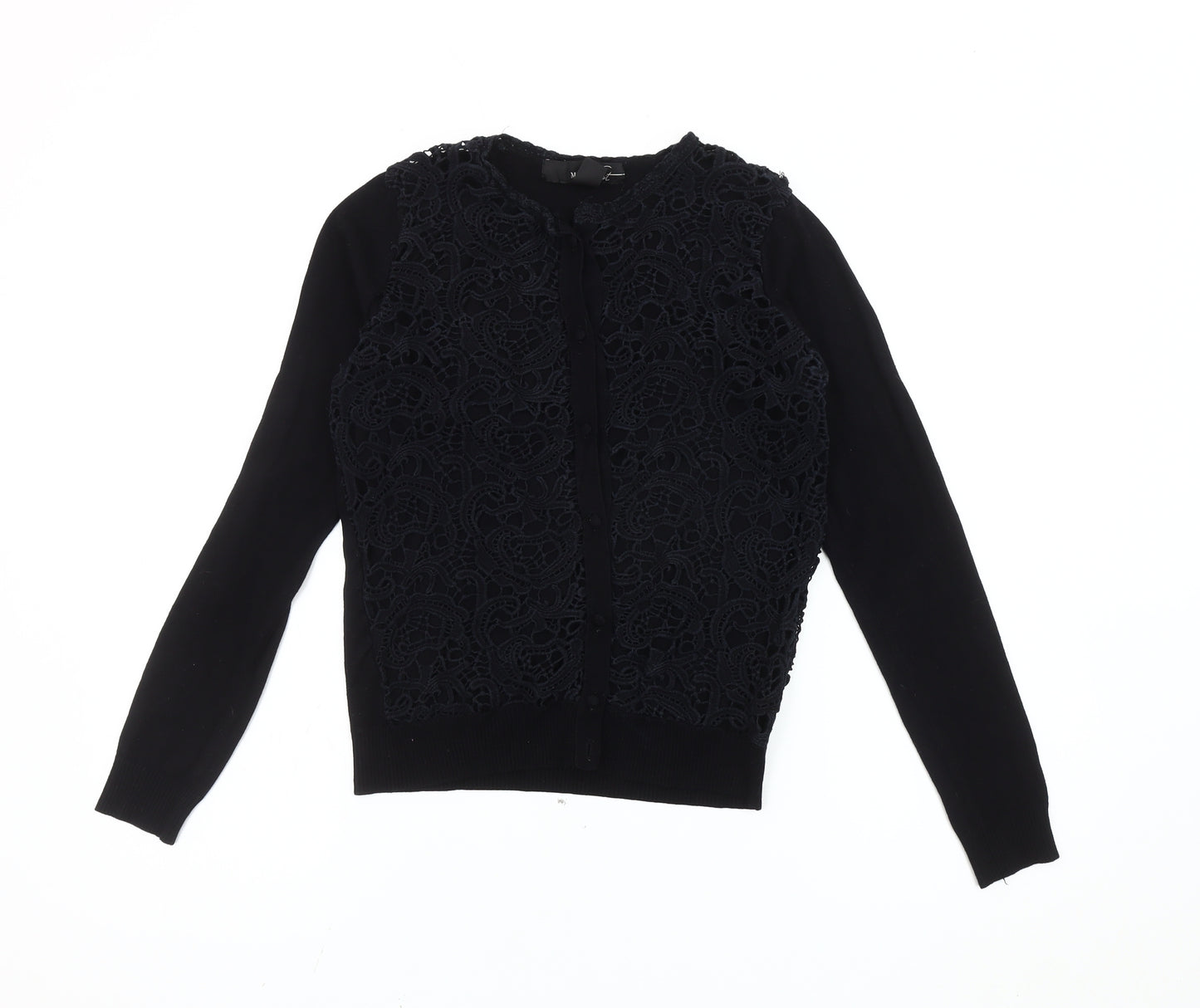 Mango Women's Black Cotton Blend Lace Front Cardigan Size 12