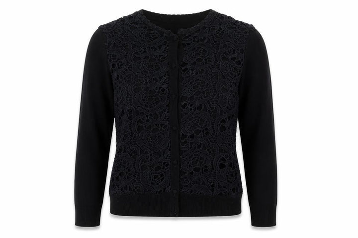 Mango Women's Black Cotton Blend Lace Front Cardigan Size 12