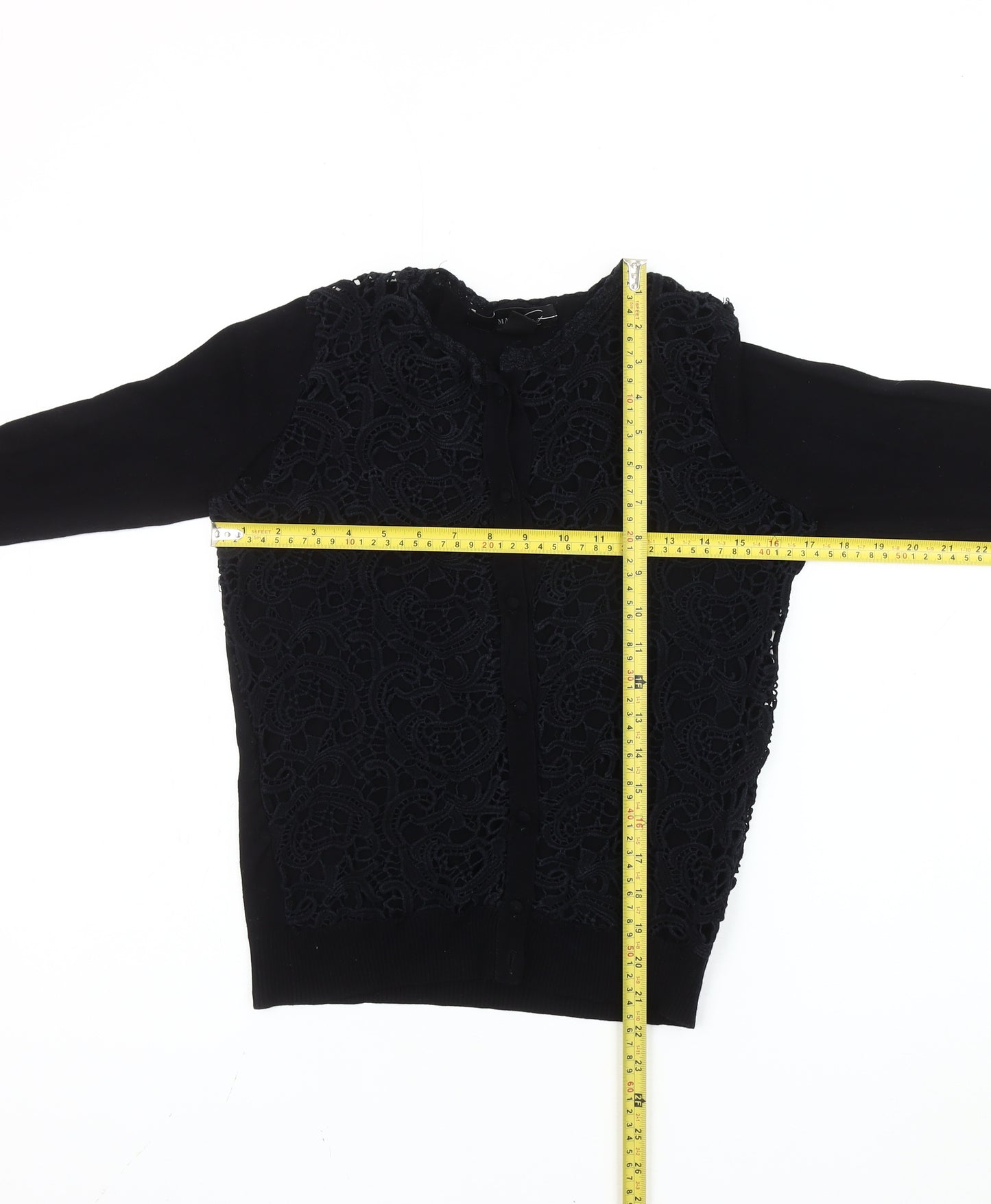 Mango Women's Black Cotton Blend Lace Front Cardigan Size 12