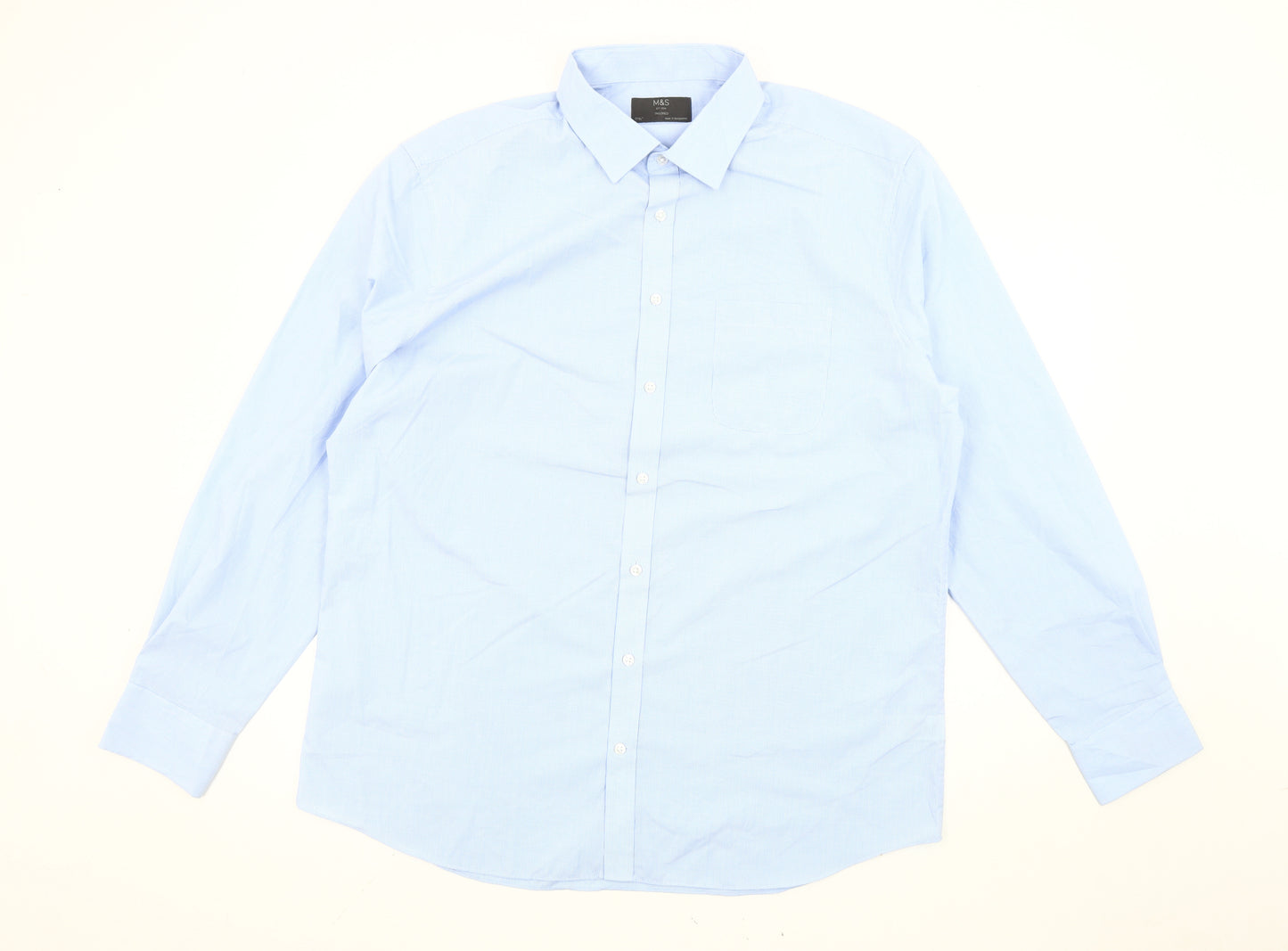 Marks and Spencer Men's Blue Check 17.5in Tailored Long Sleeve Shirt
