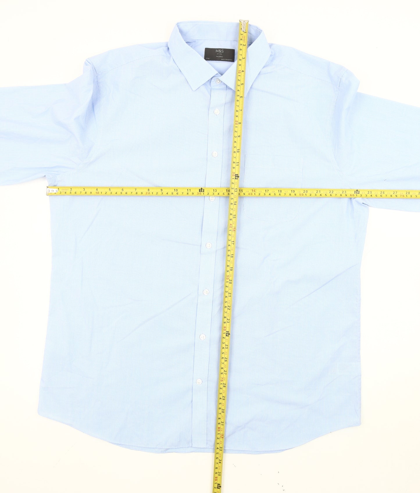 Marks and Spencer Men's Blue Check 17.5in Tailored Long Sleeve Shirt